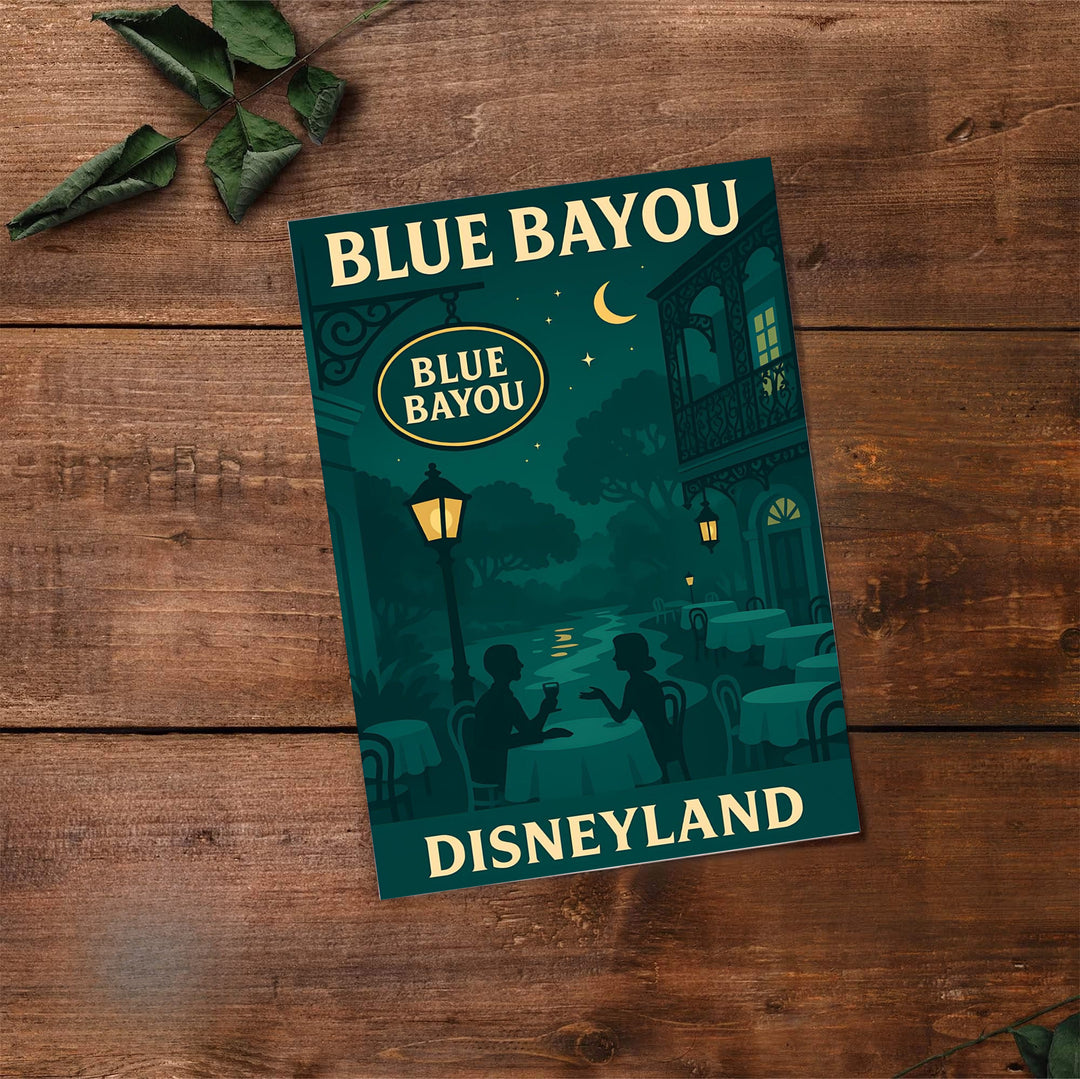 Retro graphic print of quiet riverbank tables and glowing street lanterns at Disneyland&