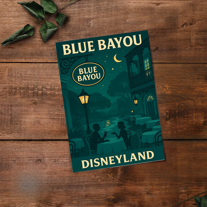 Retro graphic print of quiet riverbank tables and glowing street lanterns at Disneyland&