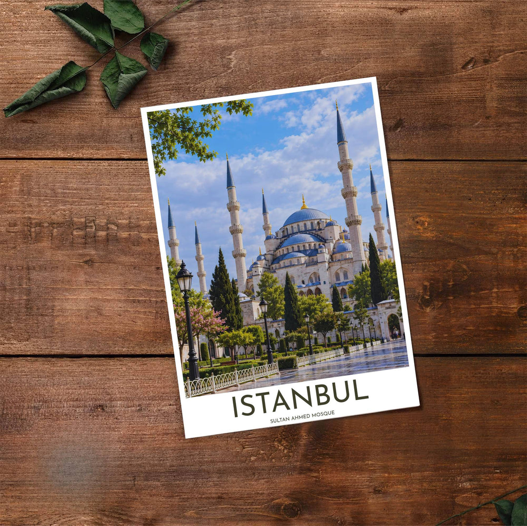 Scenic Turkish architecture photograph of Istanbul Blue Mosque framed naturally by green foliage and sky. Developed by MapYourDreams, this artwork is available in flexible options including unframed paper, custom wooden frames, and gallery canvas wraps for hallway wall decor.