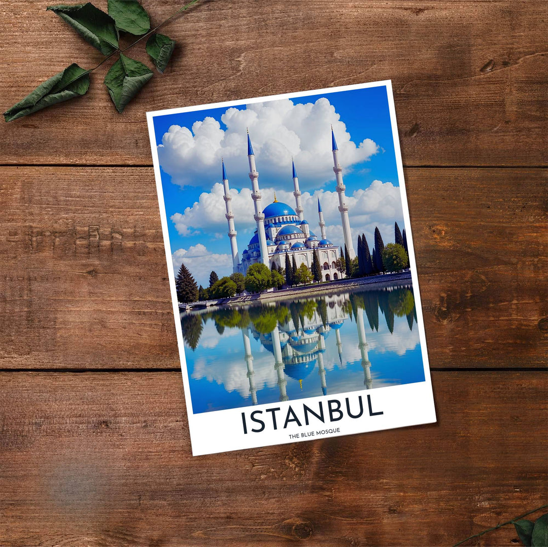 Fine art travel poster of Blue Mosque Istanbul with clean title text and subtitle reading The Blue Mosque. Provided by MapYourDreams, this artwork is available in flexible options including unframed paper, custom wooden frames, and gallery canvas wraps for contemporary setups.