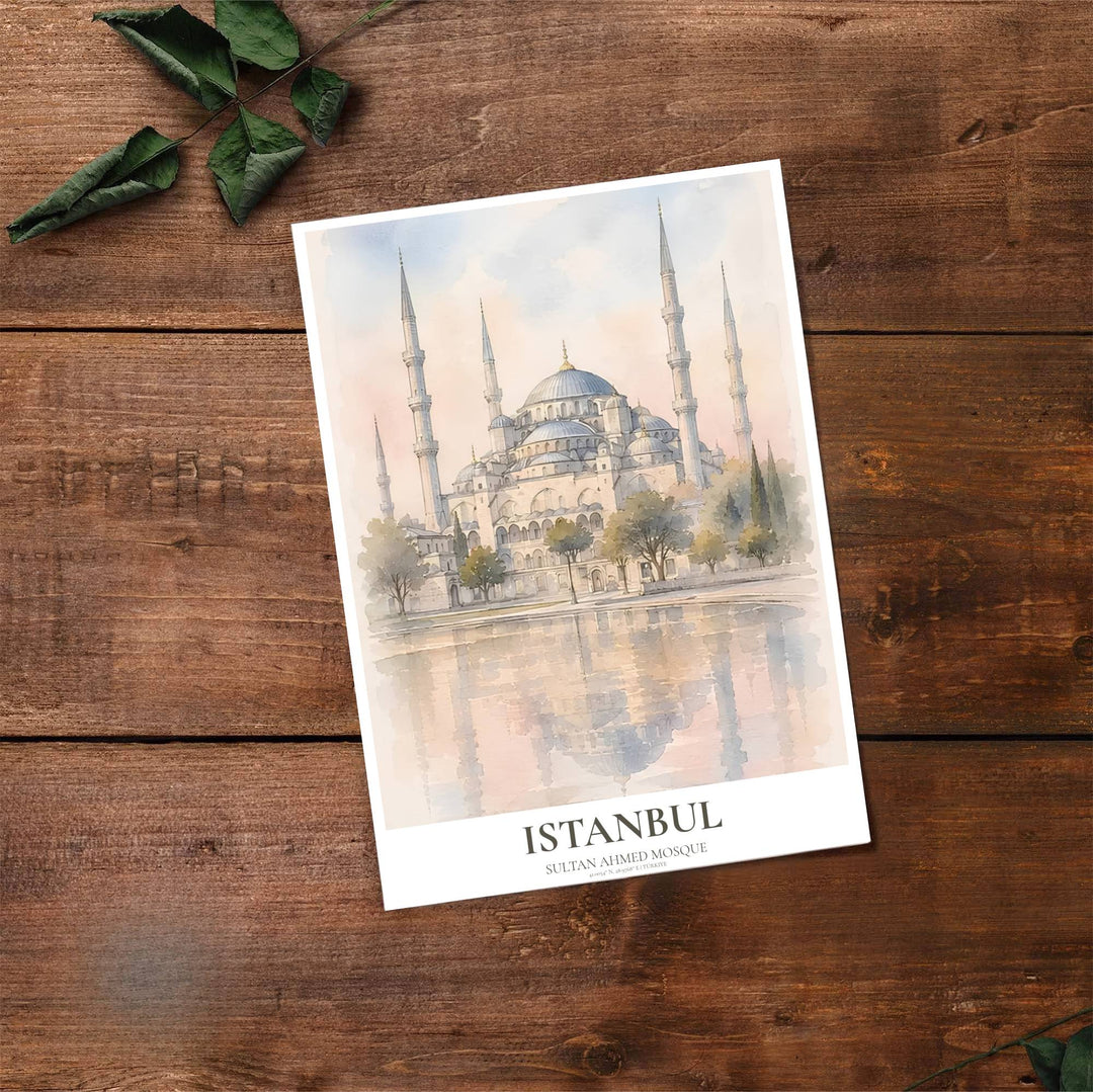 Fine art travel poster of Blue Mosque Istanbul with clean title text and subtitle reading Sultan Ahmed Mosque. Provided by MapYourDreams, this artwork is available in flexible options including unframed paper, custom wooden frames, and gallery canvas wraps for contemporary setups.