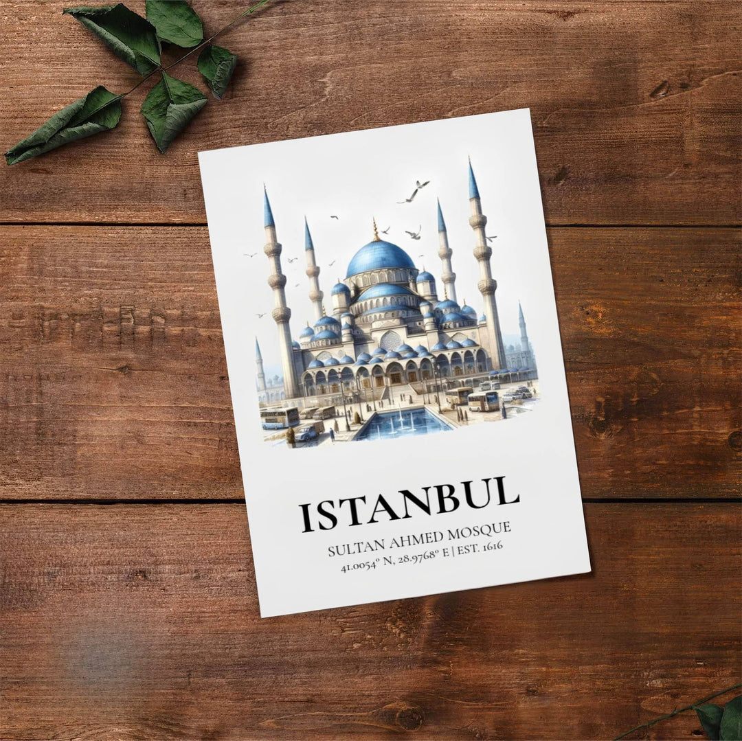 Fine art travel poster of Blue Mosque Istanbul with clean title text and subtitle reading Sultan Ahmed Mosque. Provided by MapYourDreams, this artwork is available in flexible options including unframed paper, custom wooden frames, and gallery canvas wraps for contemporary setups.