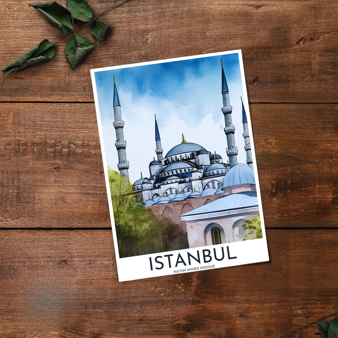 Travel poster of Istanbul Turkey featuring Sultan Ahmed Mosque under a bright sky with vibrant blue watercolor washes. Prepared by MapYourDreams, this artwork is available in flexible options including unframed paper, custom wooden frames, and gallery canvas wraps for chic home decor.