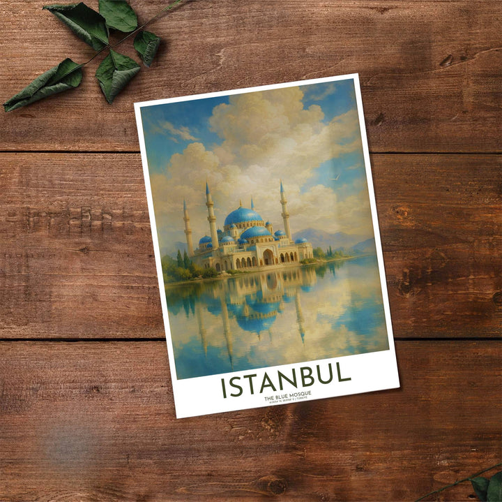 Fine art travel poster of Blue Mosque Istanbul with clean title text and subtitle reading The Blue Mosque. Provided by MapYourDreams, this artwork is available in flexible options including unframed paper, custom wooden frames, and gallery canvas wraps for contemporary setups.