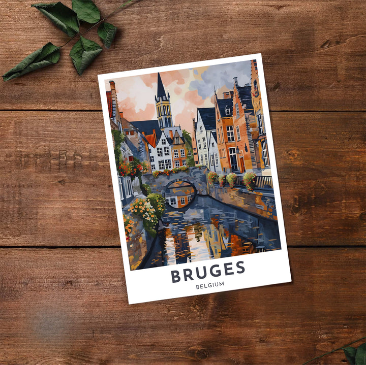 Sleek painterly wall art detailing a quiet canal and stone bridge in Bruges, Belgium, rendered with vibrant artistic brushstrokes. Offered by MapYourDreams, this artwork is available in flexible options including unframed paper, custom wooden frames, and gallery canvas wraps.