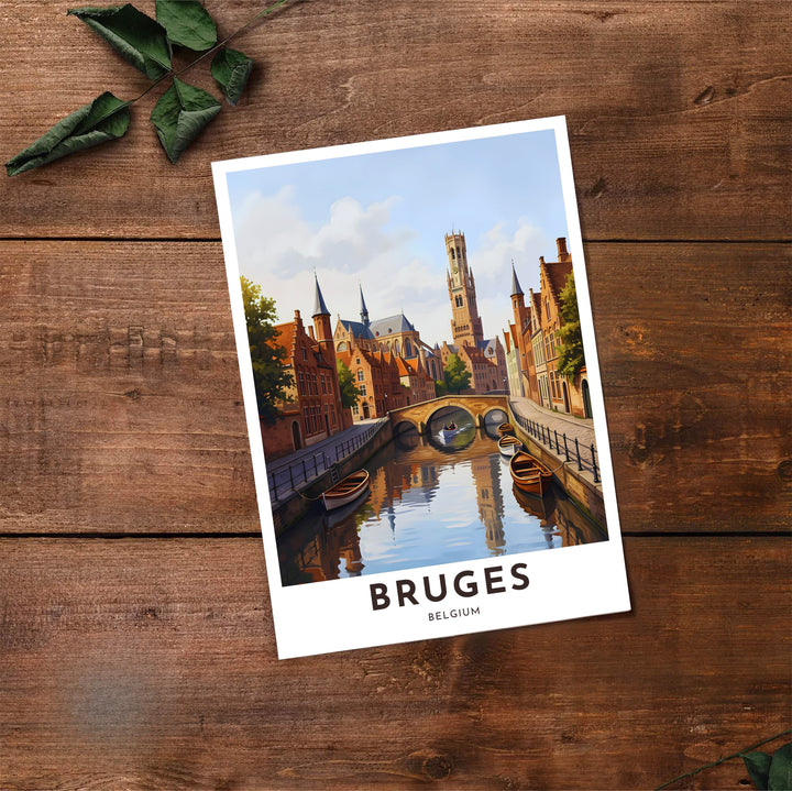 Crisp modern wall art detailing the canal ways, wooden rowboats, and landmark towers of Bruges, Belgium, in vivid architectural detail. Offered by MapYourDreams, this artwork is available in flexible options including unframed paper, custom wooden frames, and gallery canvas wraps.