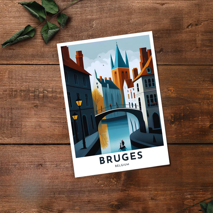 A stylish travel poster illustrating Bruges, Belgium, focusing on its canal bridge and architectural silhouettes in a sharp modern graphic layout. Choose from versatile formats including budget-friendly unframed paper, solid wood framed finishes, and gallery canvas wall art.