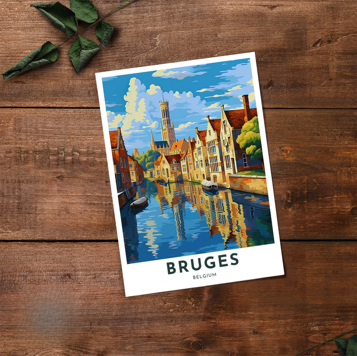 Vibrant modern wall art detailing the canal ways, water reflections, and landmark towers of Bruges, Belgium, in expressive architectural detail. Offered by MapYourDreams, this artwork is available in flexible options including unframed paper, custom wooden frames, and gallery canvas wraps.