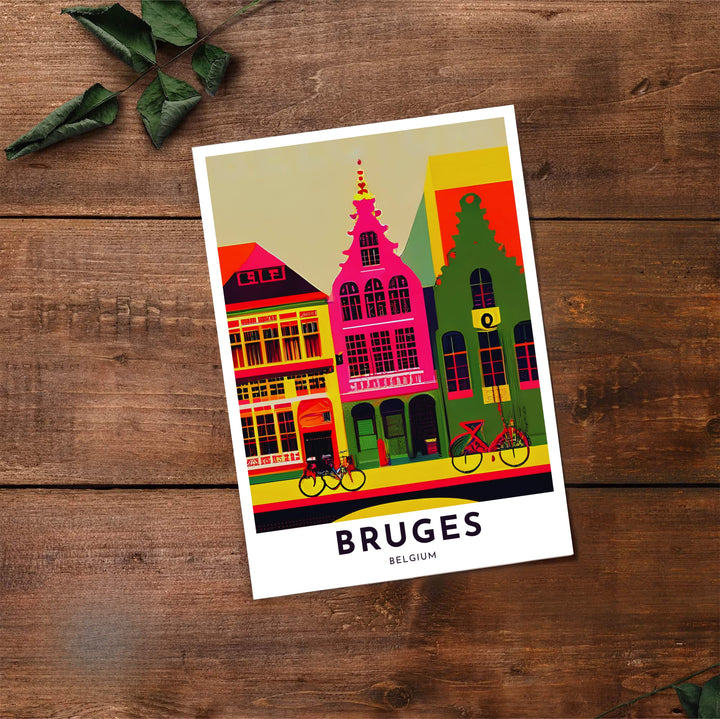 Eye-catching pop art wall decor detailing step-gabled facades, bicycles, and storefronts in Bruges, Belgium, with bold graphic color blocking. Offered by MapYourDreams, this artwork is available in flexible options including unframed paper, custom wooden frames, and gallery canvas wraps.