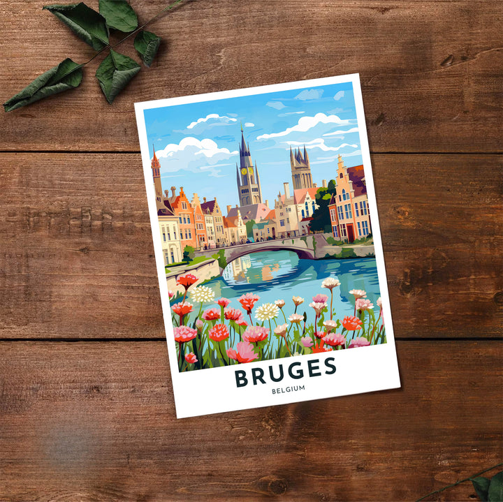 A crisp graphic travel artwork detailing blooming flowers along the canal, stone bridges, and church steeples in Bruges, Belgium. Offered by MapYourDreams, this artwork is available in flexible options including unframed paper, custom wooden frames, and gallery canvas wraps.