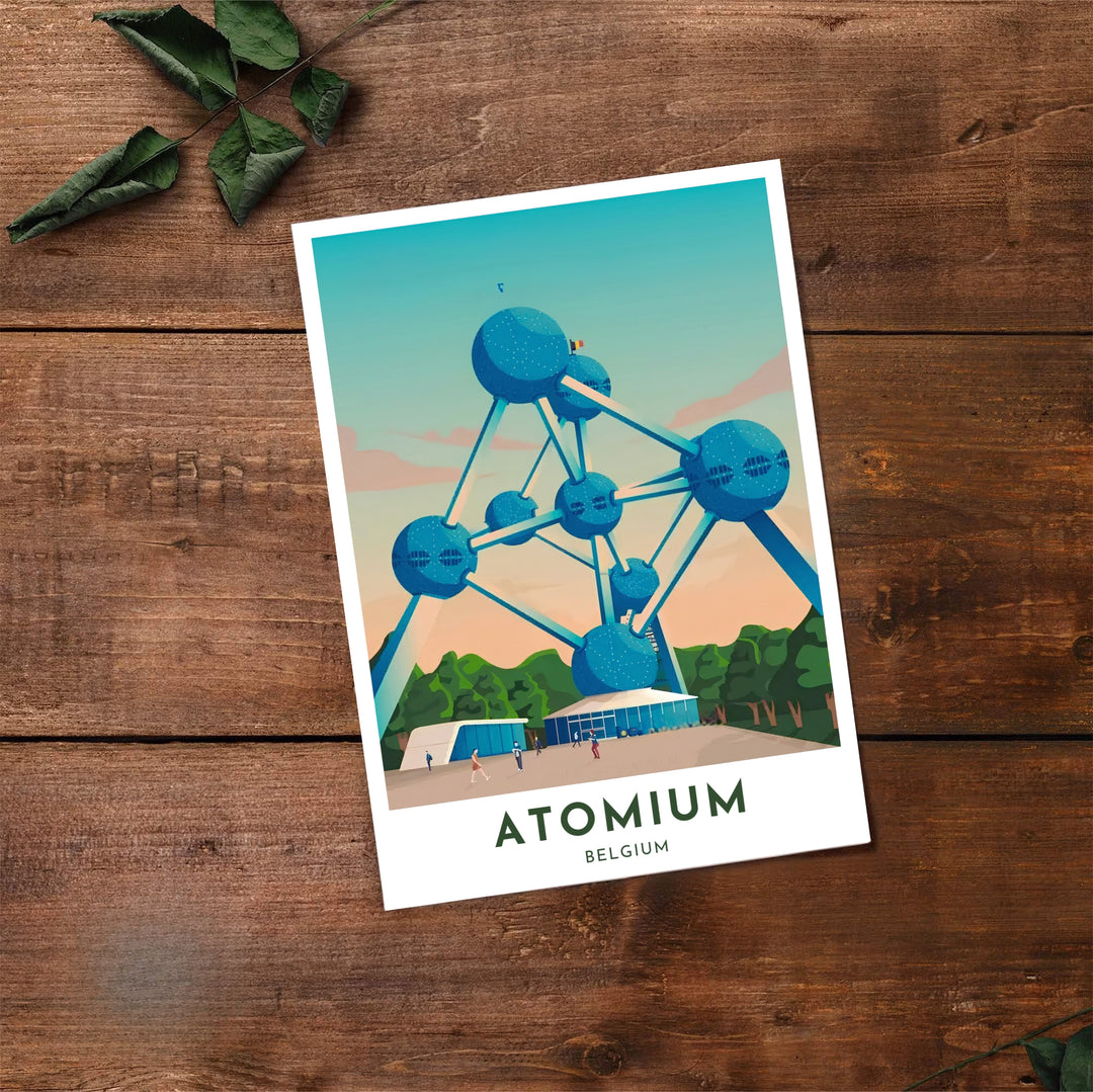 Crisp vector travel wall art displaying the iconic steel spheres of the Atomium in Brussels, Belgium, set above park foliage and plaza walkers. Offered by MapYourDreams, this artwork is available in flexible options including unframed paper, custom wooden frames, and gallery canvas wraps.