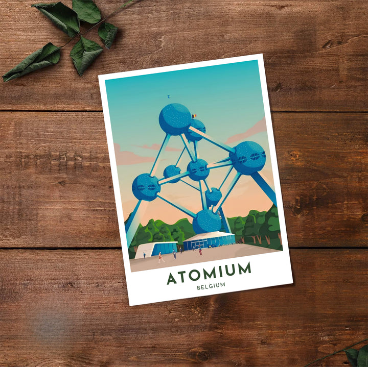 Crisp vector travel wall art displaying the iconic steel spheres of the Atomium in Brussels, Belgium, set above park foliage and plaza walkers. Offered by MapYourDreams, this artwork is available in flexible options including unframed paper, custom wooden frames, and gallery canvas wraps.
