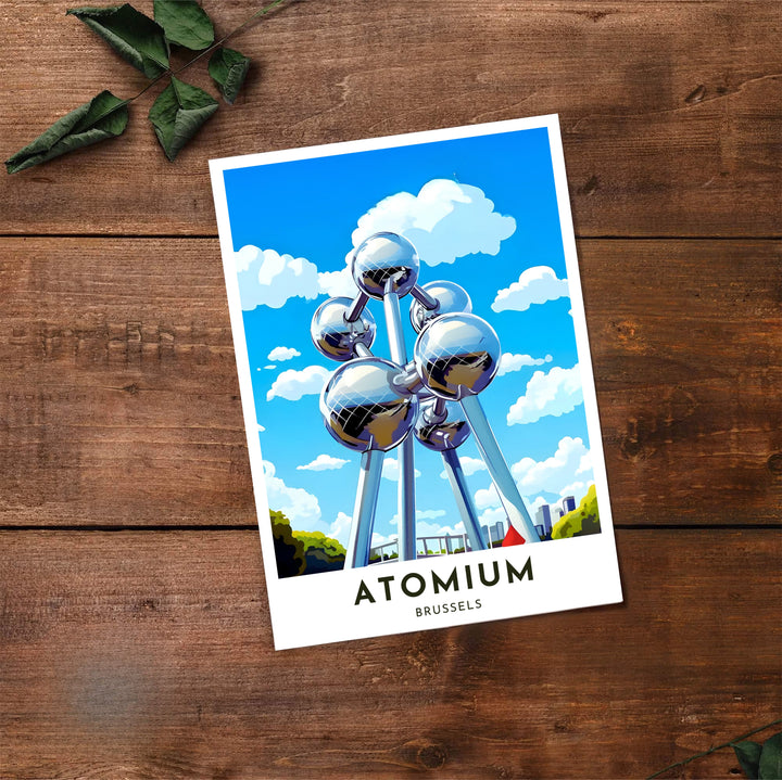 Fine art travel decor depicting the iconic steel spheres and tubular pathways of the Atomium in Brussels, Belgium, on a clear day. Offered by MapYourDreams, this artwork is available in flexible options including unframed paper, custom wooden frames, and gallery canvas wraps.