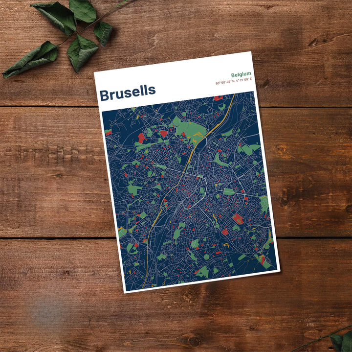 Fine art cartography print depicting the full city grid and coordinates of Brussels, Belgium, in a sleek modern graphic style. Offered by MapYourDreams, this artwork is available in flexible options including unframed paper, custom wooden frames, and gallery canvas wraps.