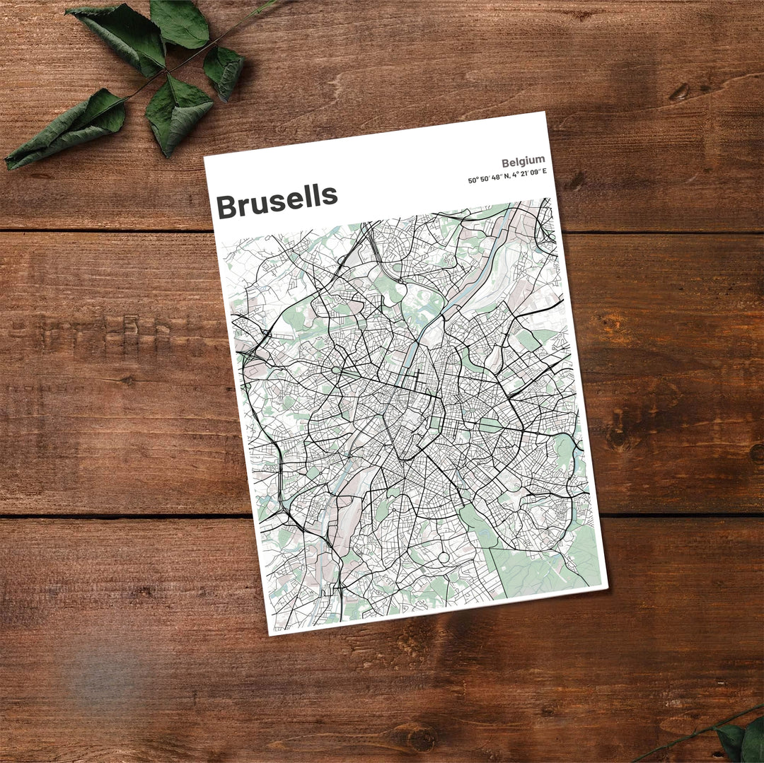 Fine art cartography print depicting the full city grid and coordinates of Brussels, Belgium, in a sleek modern graphic style. Offered by MapYourDreams, this artwork is available in flexible options including unframed paper, custom wooden frames, and gallery canvas wraps.