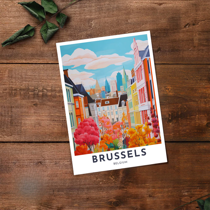 Fine art travel poster depicting the urban landscape and fall tree canopy of Brussels, Belgium, in a bold graphic illustration style. Offered by MapYourDreams, this artwork is available in flexible options including unframed paper, custom wooden frames, and gallery canvas wraps.