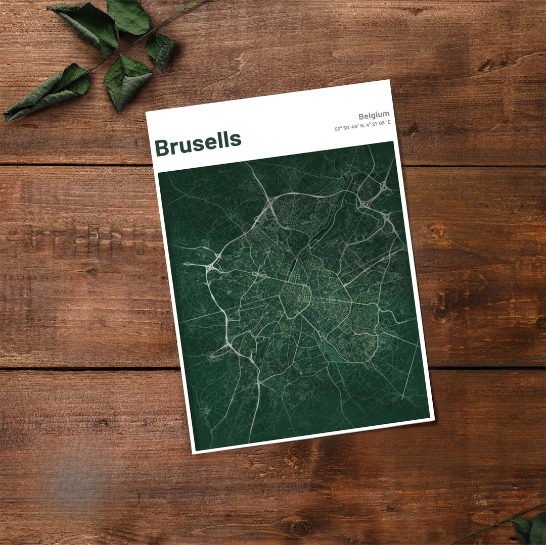Fine art cartography print depicting the full city grid and coordinates of Brussels, Belgium, in a sleek modern graphic style. Offered by MapYourDreams, this artwork is available in flexible options including unframed paper, custom wooden frames, and gallery canvas wraps.