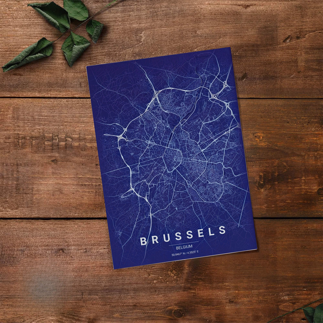 Fine art cartography print depicting the full city grid and coordinates of Brussels, Belgium, in a sleek modern blue style. Offered by MapYourDreams, this artwork is available in flexible options including unframed paper, custom wooden frames, and gallery canvas wraps.