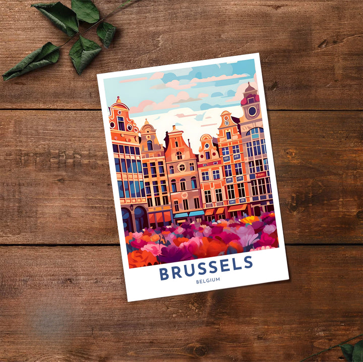 Fine art travel print presenting the majestic Baroque architecture of Brussels Grand Place in Belgium in a modern colorful pop style. Offered by MapYourDreams, this artwork is available in flexible options including unframed paper, custom wooden frames, and gallery canvas wraps.