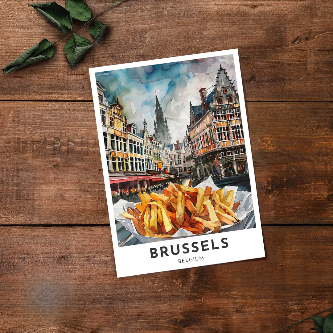 Fine art food poster presenting a close-up of golden frites set against the picturesque guild houses of Brussels Grand Place in Belgium. Offered by MapYourDreams, this artwork is available in flexible options including unframed paper, custom wooden frames, and gallery canvas wraps.