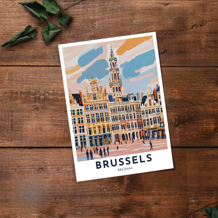 Fine art travel print presenting the majestic Baroque architecture of Brussels Grand Place in Belgium in a modern pastel pop style. Offered by MapYourDreams, this artwork is available in flexible options including unframed paper, custom wooden frames, and gallery canvas wraps.