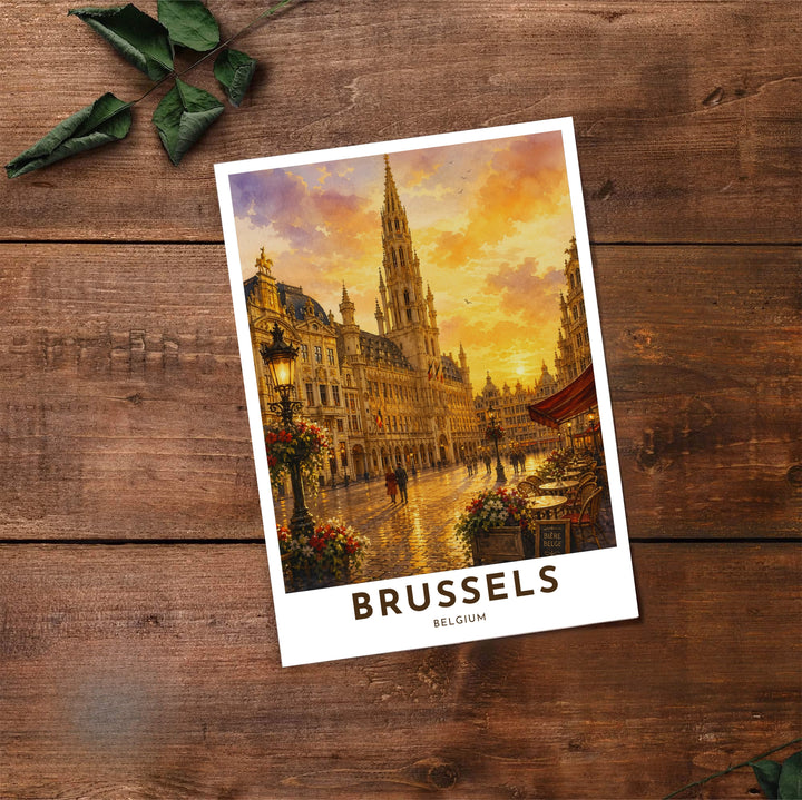 Fine art travel print presenting the majestic sunset view over the cobblestone plaza of Brussels Grand Place in Belgium. Offered by MapYourDreams, this artwork is available in flexible options including unframed paper, custom wooden frames, and gallery canvas wraps.