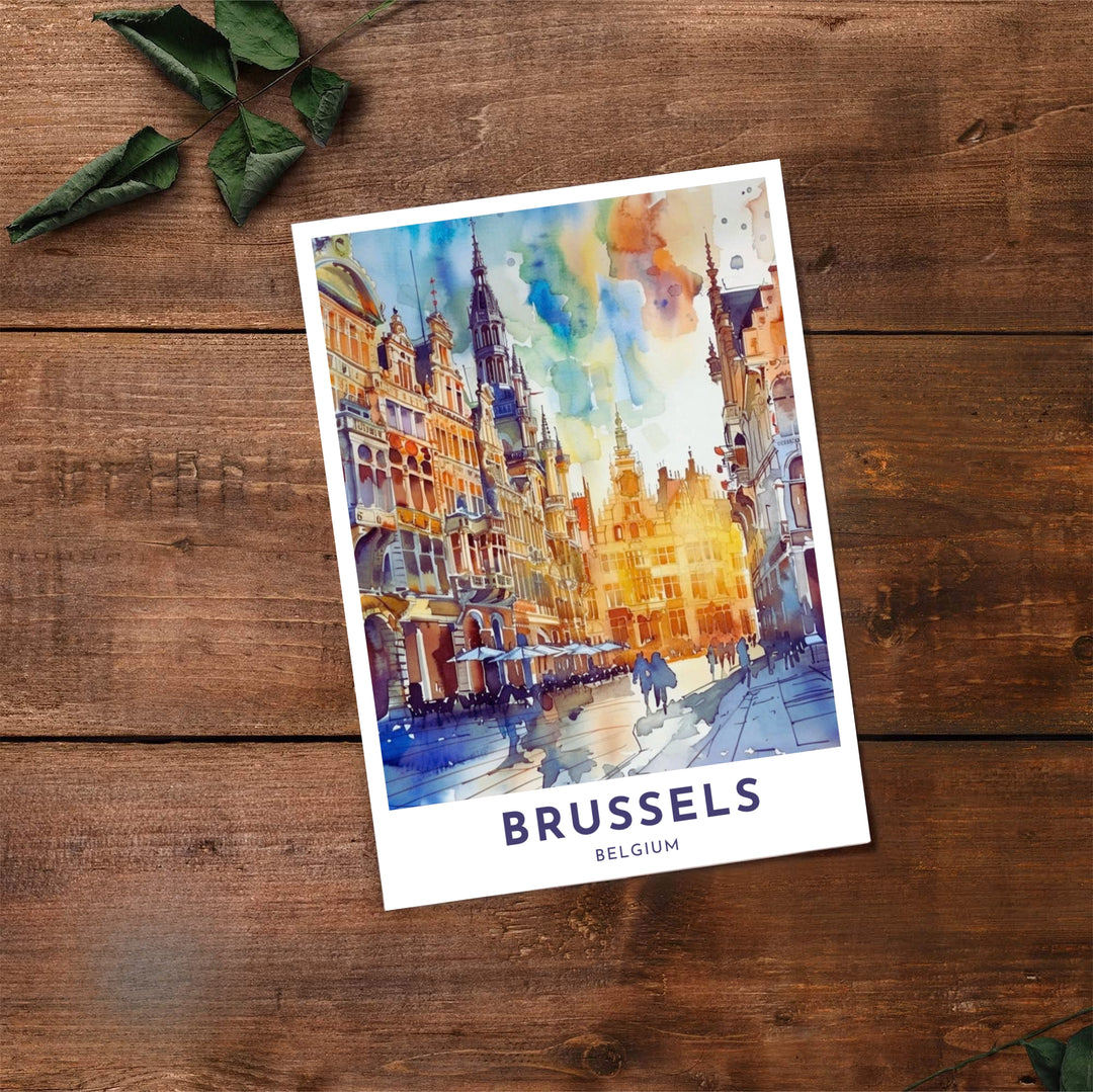 Fine art travel print presenting an artistic interpretation of the world-famous cobblestone plaza of Brussels Grand Place in Belgium. Offered by MapYourDreams, this artwork is available in flexible options including unframed paper, custom wooden frames, and gallery canvas wraps.