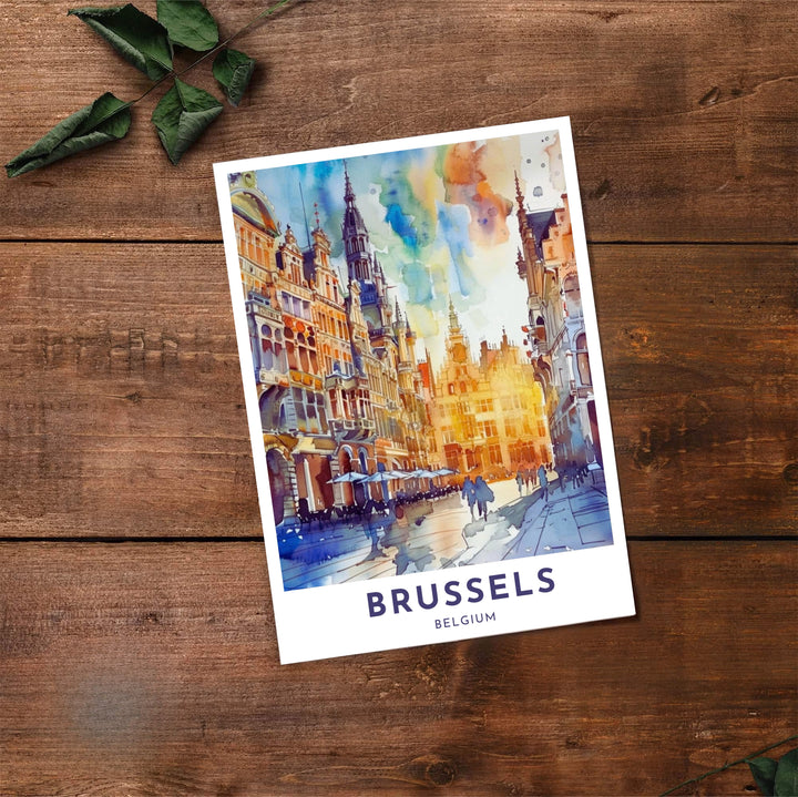 Fine art travel print presenting an artistic interpretation of the world-famous cobblestone plaza of Brussels Grand Place in Belgium. Offered by MapYourDreams, this artwork is available in flexible options including unframed paper, custom wooden frames, and gallery canvas wraps.