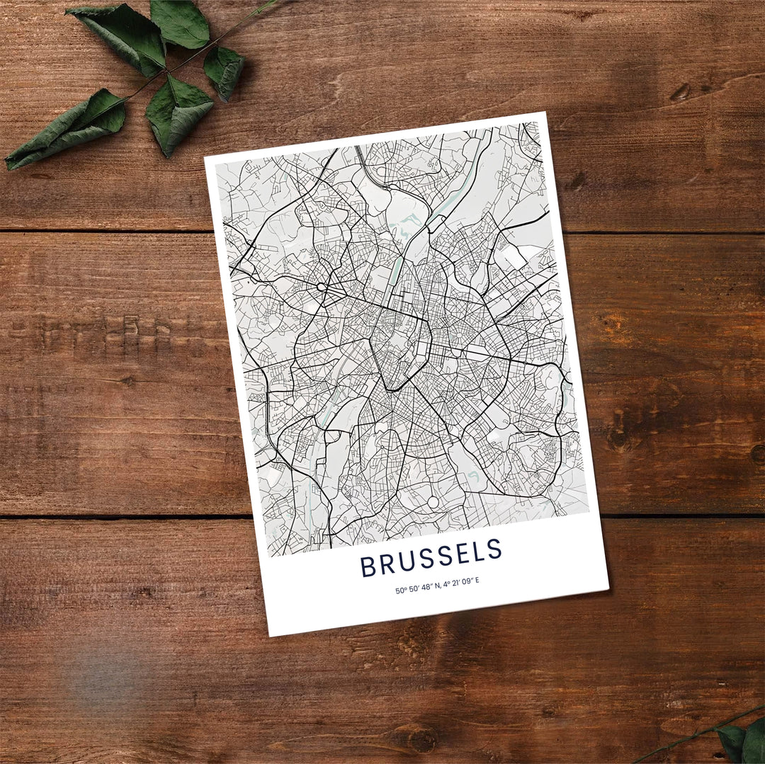 Modern art travel print presenting a clean, monochromatic cartographic depiction of Brussels in Belgium. Offered by MapYourDreams, this artwork is available in flexible options including unframed paper, custom wooden frames, and gallery canvas wraps.