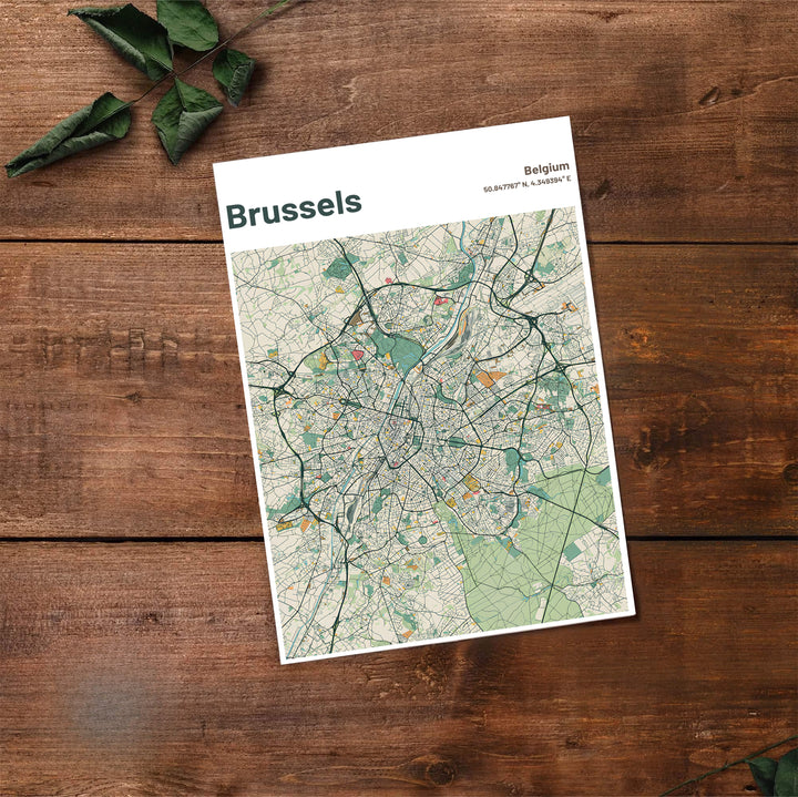 Fine art travel print presenting a vintage pastel cartographic depiction of Brussels in Belgium. Offered by MapYourDreams, this artwork is available in flexible options including unframed paper, custom wooden frames, and gallery canvas wraps.