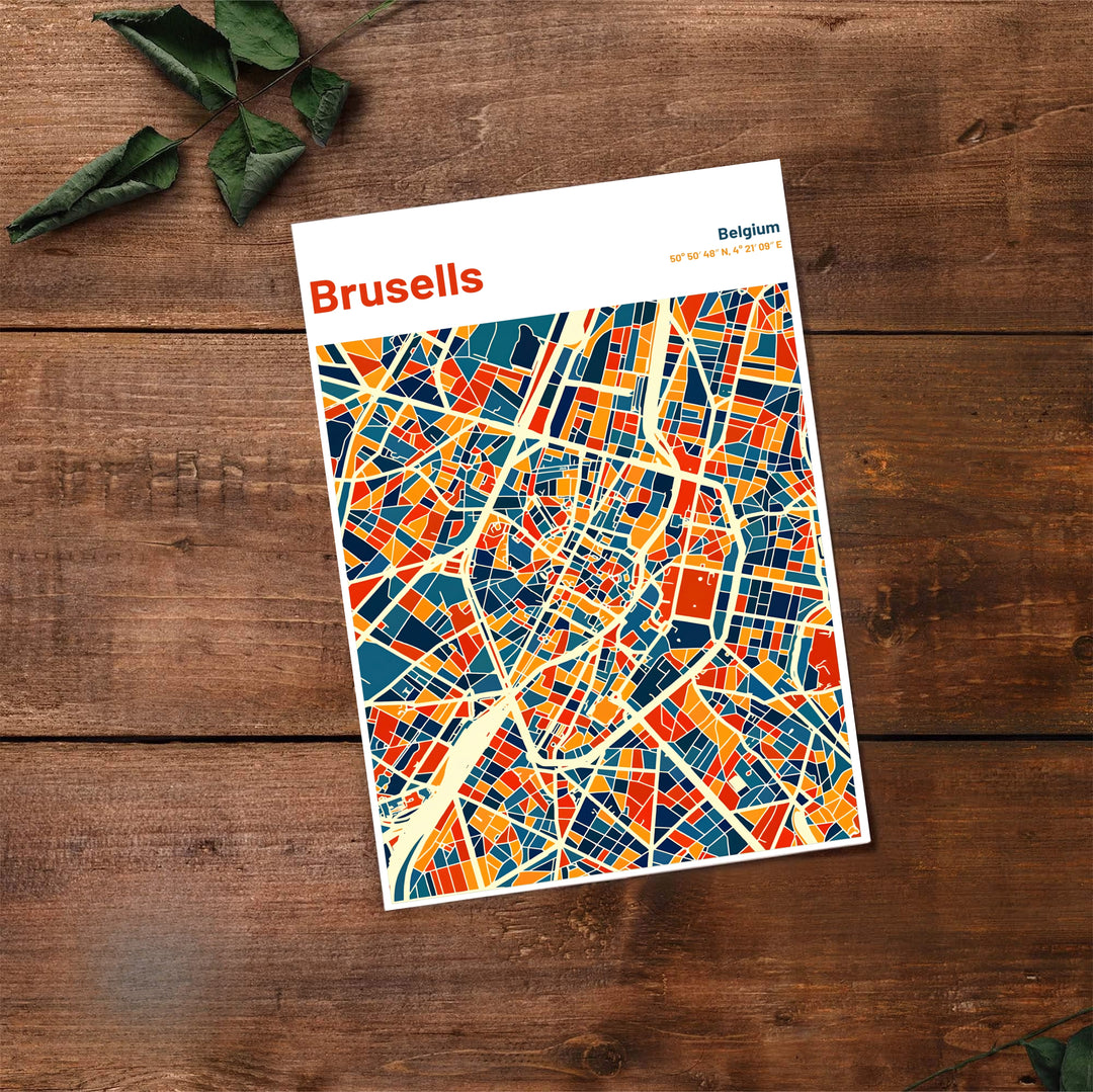 Modern art travel print presenting a colorful, vibrant cartographic depiction of Brussels in Belgium. Offered by MapYourDreams, this artwork is available in flexible options including unframed paper, custom wooden frames, and gallery canvas wraps.