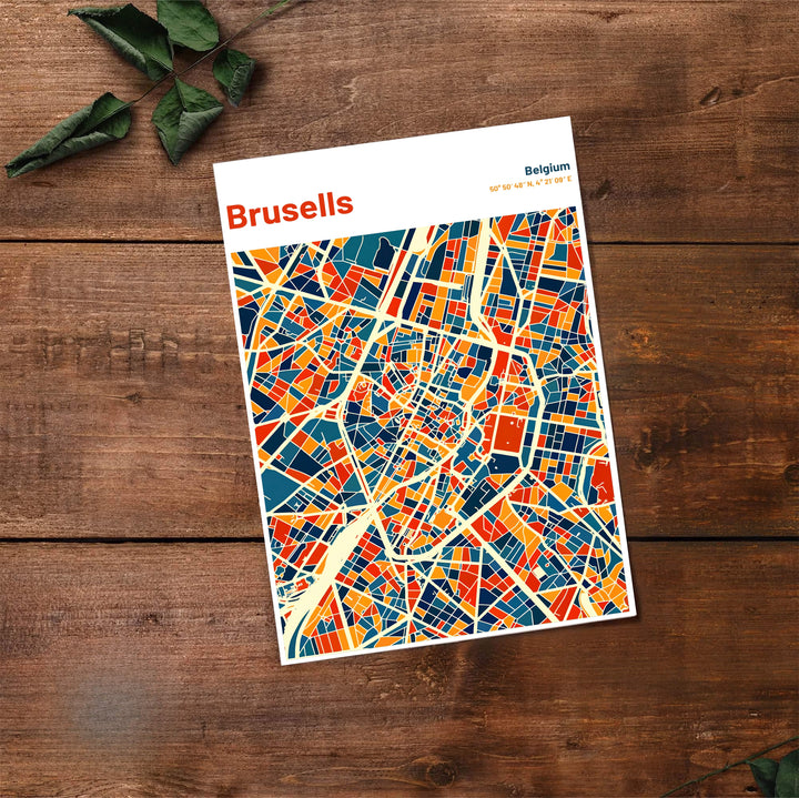 Modern art travel print presenting a colorful, vibrant cartographic depiction of Brussels in Belgium. Offered by MapYourDreams, this artwork is available in flexible options including unframed paper, custom wooden frames, and gallery canvas wraps.