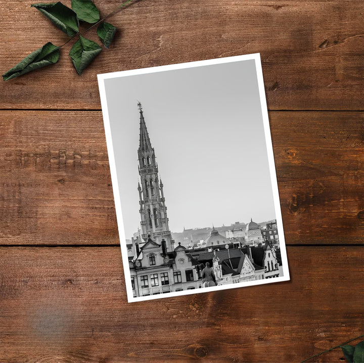 Modern black and white travel print presenting a clean, timeless architectural depiction of Brussels, Belgium. Offered by MapYourDreams, this artwork is available in flexible options including unframed paper, custom wooden frames, and gallery canvas wraps.