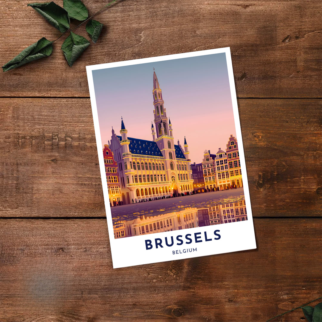 Modern travel print presenting a soft pastel dusk view of the Town Hall and Grand Place in Brussels, Belgium. Offered by MapYourDreams, this artwork is available in flexible options including unframed paper, custom wooden frames, and gallery canvas wraps.