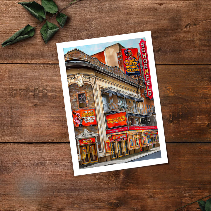 Architectural fine art print of the historic Gerald Schoenfeld Theatre facade hosting Buena Vista Social Club on Broadway in Manhattan, available at MapYourDreams where you can select from unframed paper prints, gallery canvas, or custom framed wall art options for modern studio setups.