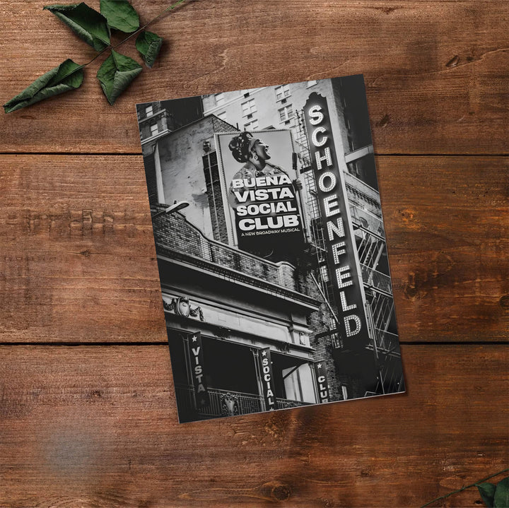 Monochromatic photography art print of the historic Gerald Schoenfeld Theatre facade hosting Buena Vista Social Club on Broadway in Manhattan, available at MapYourDreams where you can select from unframed paper prints, gallery canvas, or custom framed wall art options for modern studio setups.