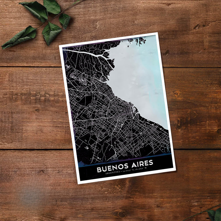 Scenic Buenos Aires street grid poster presenting modern cartographic design with soft icy blue river accents. Handpicked for the MapYourDreams catalog, this artwork is available in flexible styles including unframed paper prints, wooden frames, or gallery canvas.