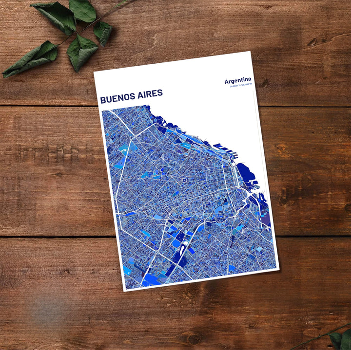 Artistic blue city map of Buenos Aires outlining coastal water and detailed urban streets in crisp geometric contrast. Made by MapYourDreams, this artistic composition can be purchased as an unframed print, elegantly mounted in wood frames, or produced on stretched canvas.