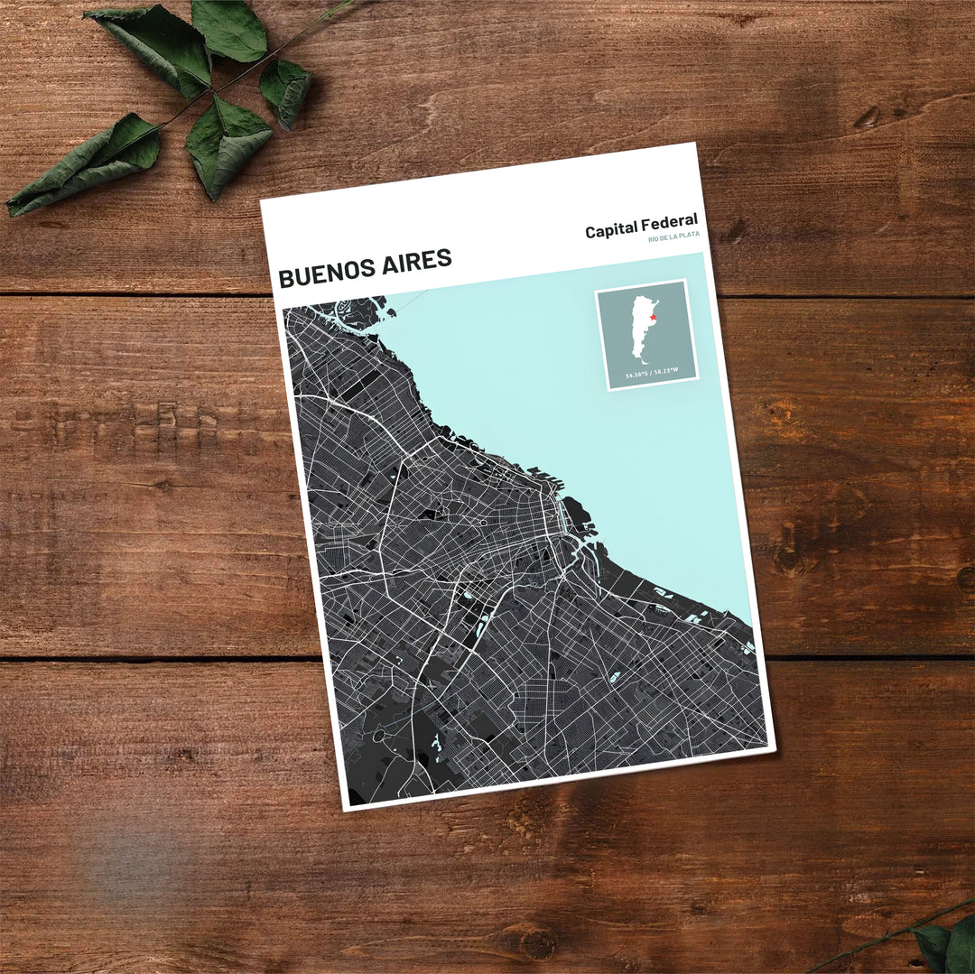 Scenic Buenos Aires street grid poster presenting modern cartographic design with soft mint green river accents. Handpicked for the MapYourDreams catalog, this artwork is available in flexible styles including unframed paper prints, wooden frames, or gallery canvas.