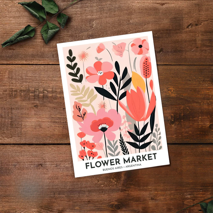Whimsical floral vector print depicting a flower market in Argentina with layered pink petals and Scandinavian charm. Made by MapYourDreams, this artistic composition can be purchased as an unframed print, elegantly mounted in wood frames, or produced on stretched canvas.