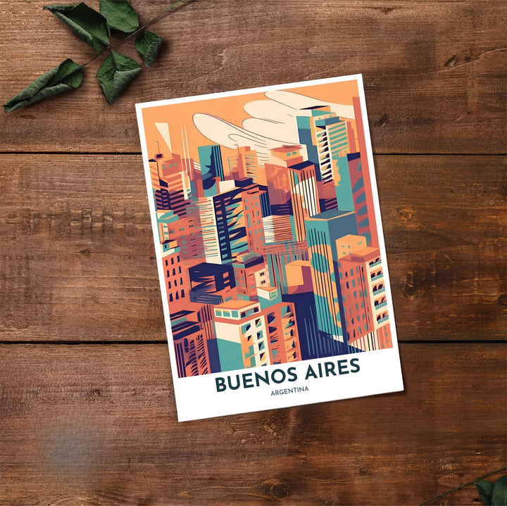 Artistic cityscape poster depicting Buenos Aires high-rises with mid-century geometric shapes and rich color contrast. Made by MapYourDreams, this artistic composition can be purchased as an unframed print, elegantly mounted in wood frames, or produced on stretched canvas.