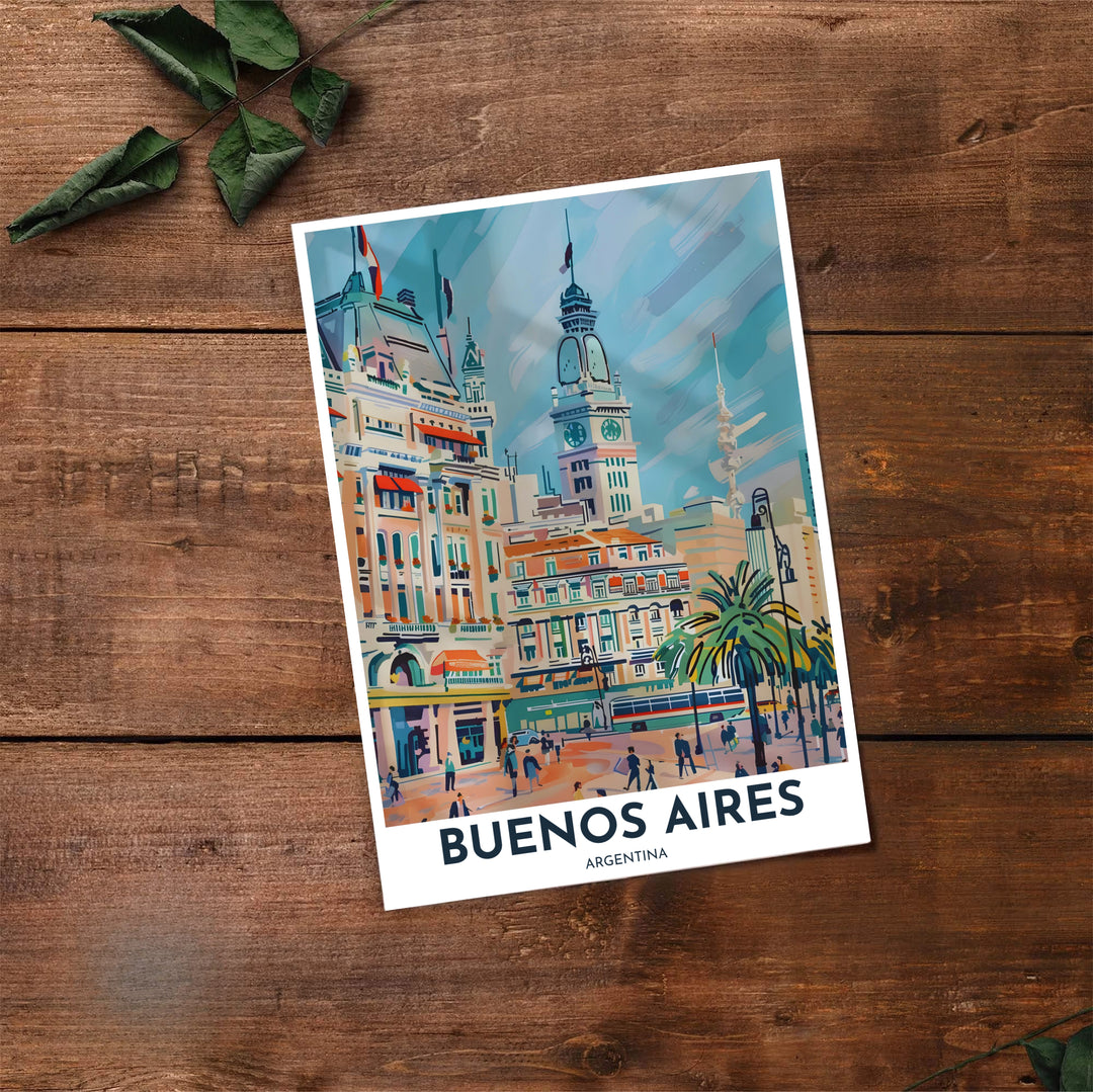 Artistic cityscape poster depicting central Buenos Aires with fluid pastel brushstrokes and historic building details. Made by MapYourDreams, this artistic composition can be purchased as an unframed print, elegantly mounted in wood frames, or produced on stretched canvas.