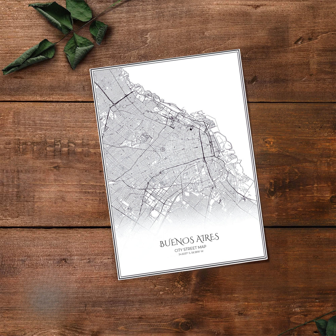 Geographic wall art poster featuring a vector street map of Buenos Aires with clean borderlines and centered typography. Handpicked for the MapYourDreams catalog, this artwork is available in flexible styles including unframed paper prints, wooden frames, or gallery canvas.