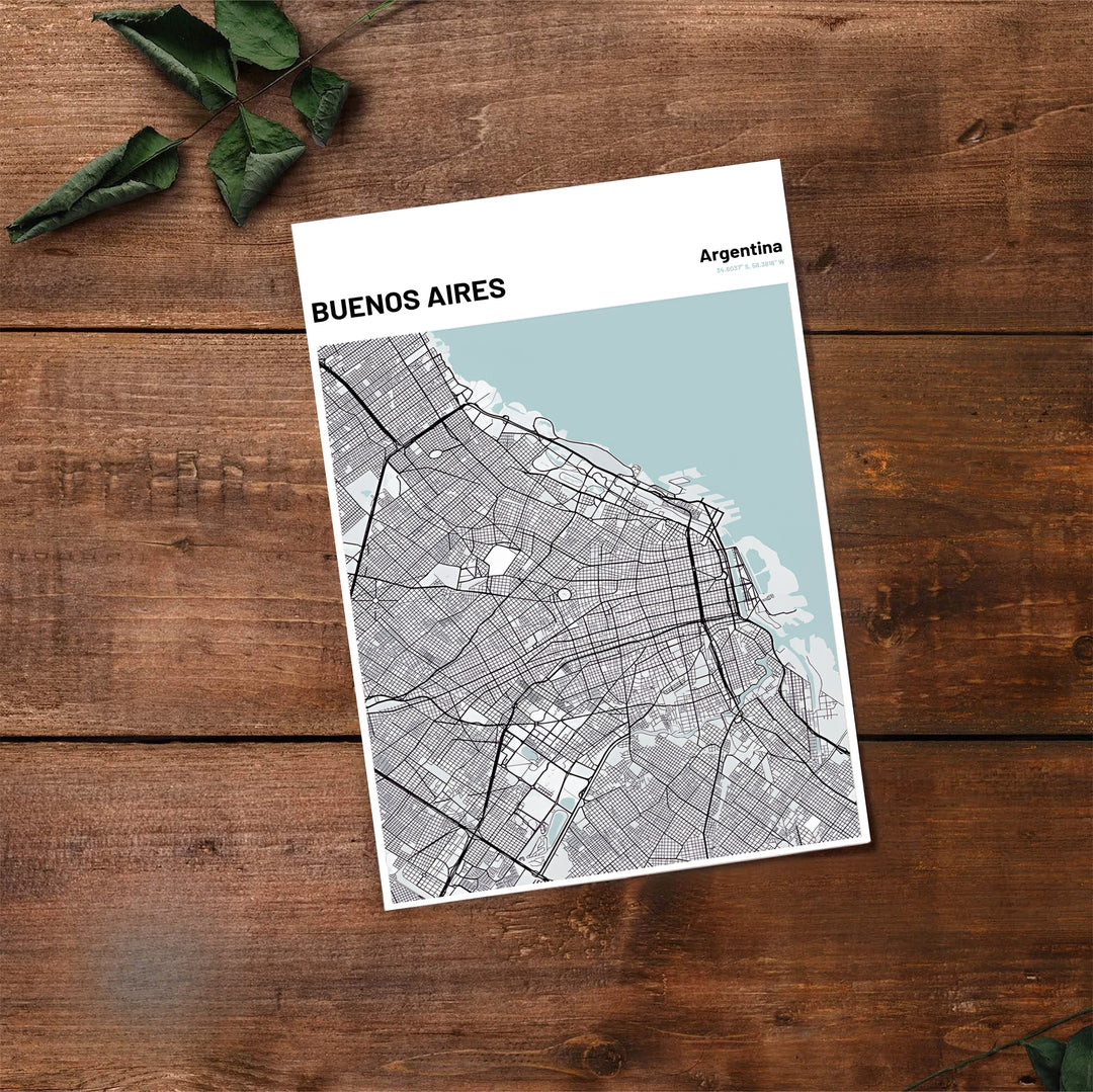 Geographic wall art poster featuring a vector street map of Buenos Aires with precise location coordinate lettering. Handpicked for the MapYourDreams catalog, this artwork is available in flexible styles including unframed paper prints, wooden frames, or gallery canvas.