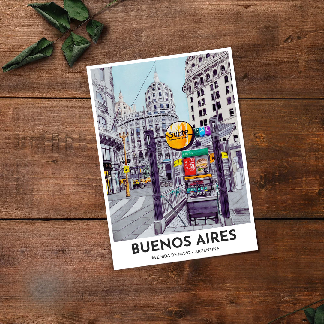 Artistic watercolor illustration capturing the transit culture and European architectural charm of downtown Buenos Aires. Made by MapYourDreams, this artistic composition can be purchased as an unframed print, elegantly mounted in wood frames, or produced on stretched canvas.