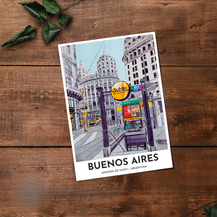 Artistic watercolor illustration capturing the transit culture and European architectural charm of downtown Buenos Aires. Made by MapYourDreams, this artistic composition can be purchased as an unframed print, elegantly mounted in wood frames, or produced on stretched canvas.