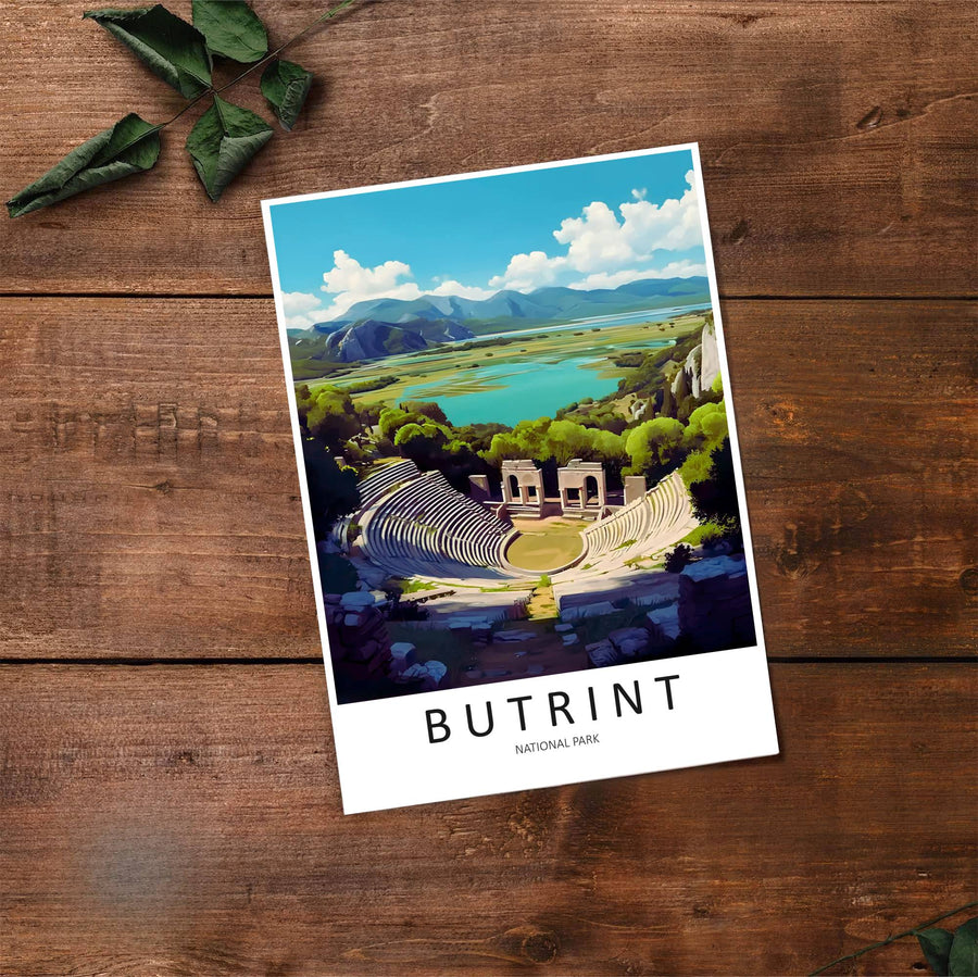 Fine art travel poster displaying the historic Butrint amphitheater with sunny skies, Mediterranean forest, and mountain slopes in the background. Offered by MapYourDreams, this artwork is available in flexible options including unframed paper, custom wooden frames, and gallery canvas wraps.