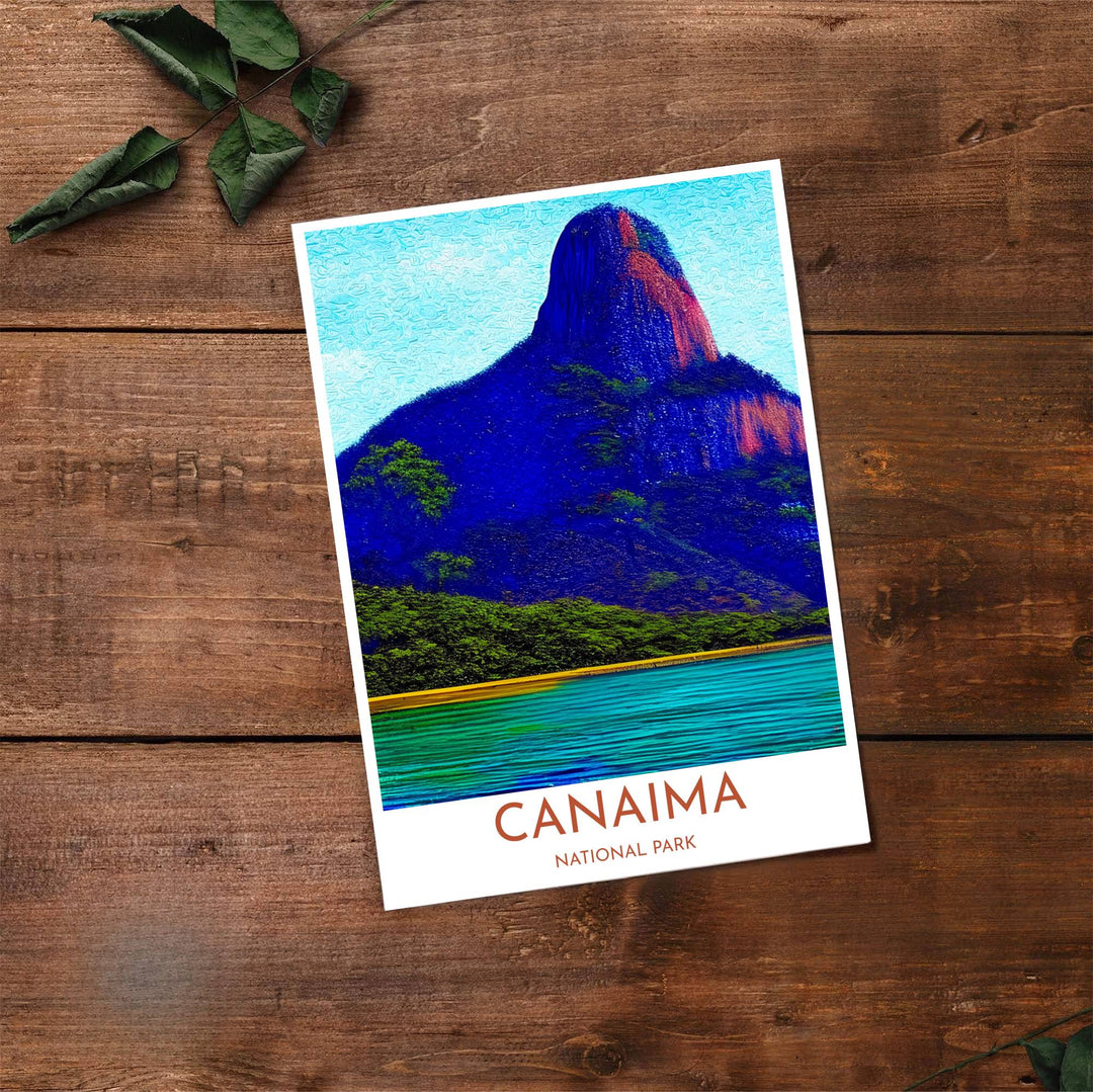 Artistic landscape illustration capturing the royal blue, terracotta pink, and luminous turquoise tones of Canaima National Park. Made by MapYourDreams, this artistic composition can be purchased as an unframed print, elegantly mounted in wood frames, or produced on stretched canvas.