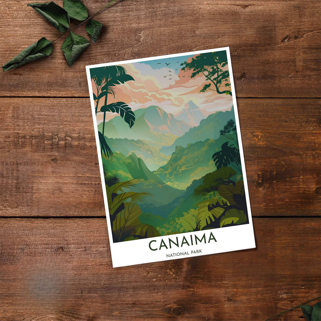 Artistic tropical nature illustration capturing the peach, coral, mint green, and dark olive tones of Canaima. Made by MapYourDreams, this artistic composition can be purchased as an unframed print, elegantly mounted in wood frames, or produced on stretched canvas.
