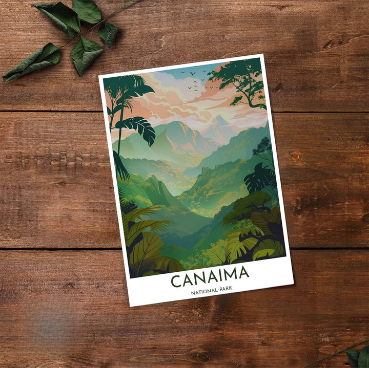Artistic tropical nature illustration capturing the peach, coral, mint green, and dark olive tones of Canaima. Made by MapYourDreams, this artistic composition can be purchased as an unframed print, elegantly mounted in wood frames, or produced on stretched canvas.